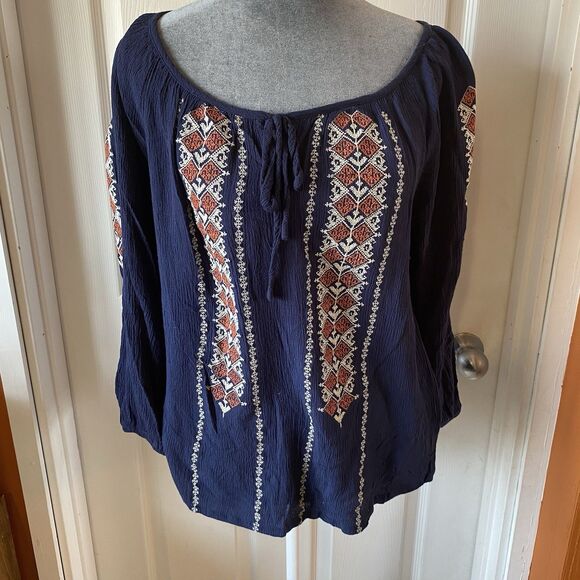 Solitaire Blouse Women’s Size Large Southwestern Hippie Boho Round Neck - Picture 1 of 11